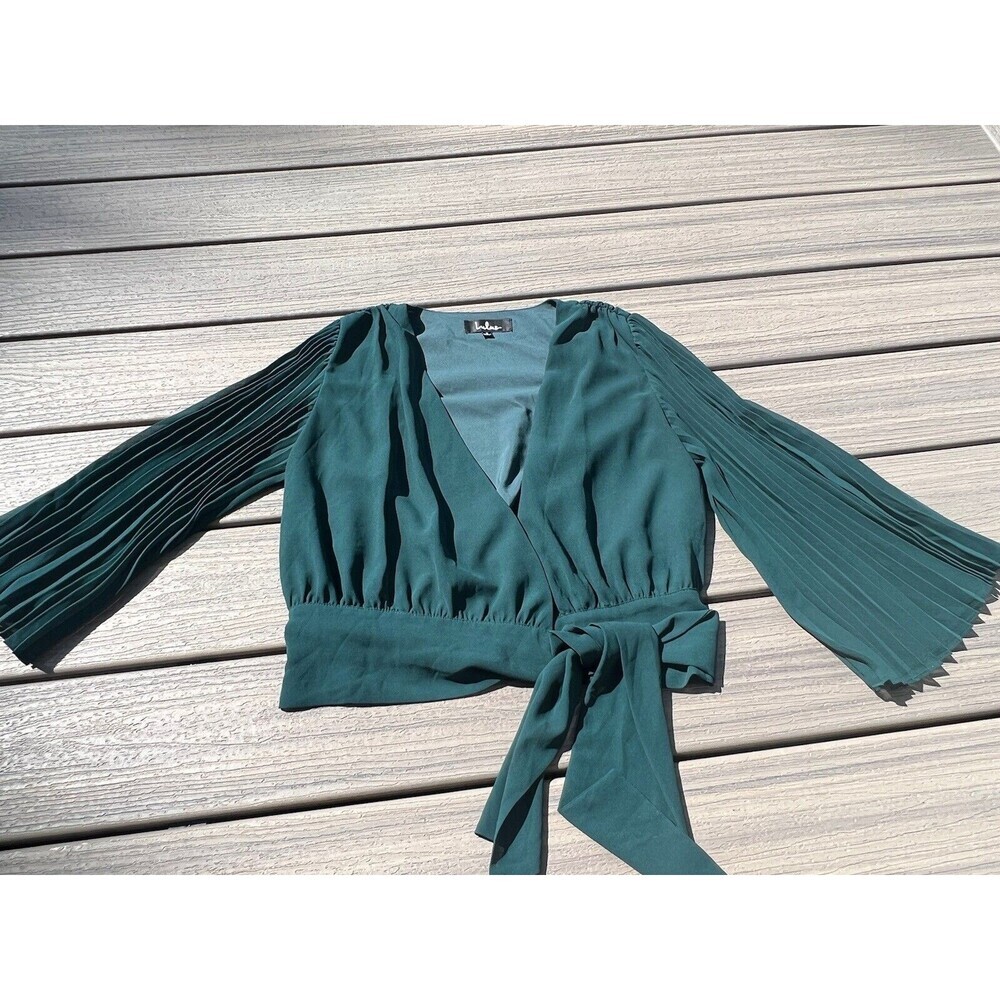 Lulus Top S womens Forest Green Pleated sleeve Wrap Blouse Pleats and thank you